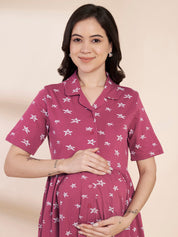Pink Star Print Hosiery Padded Maternity Nighty