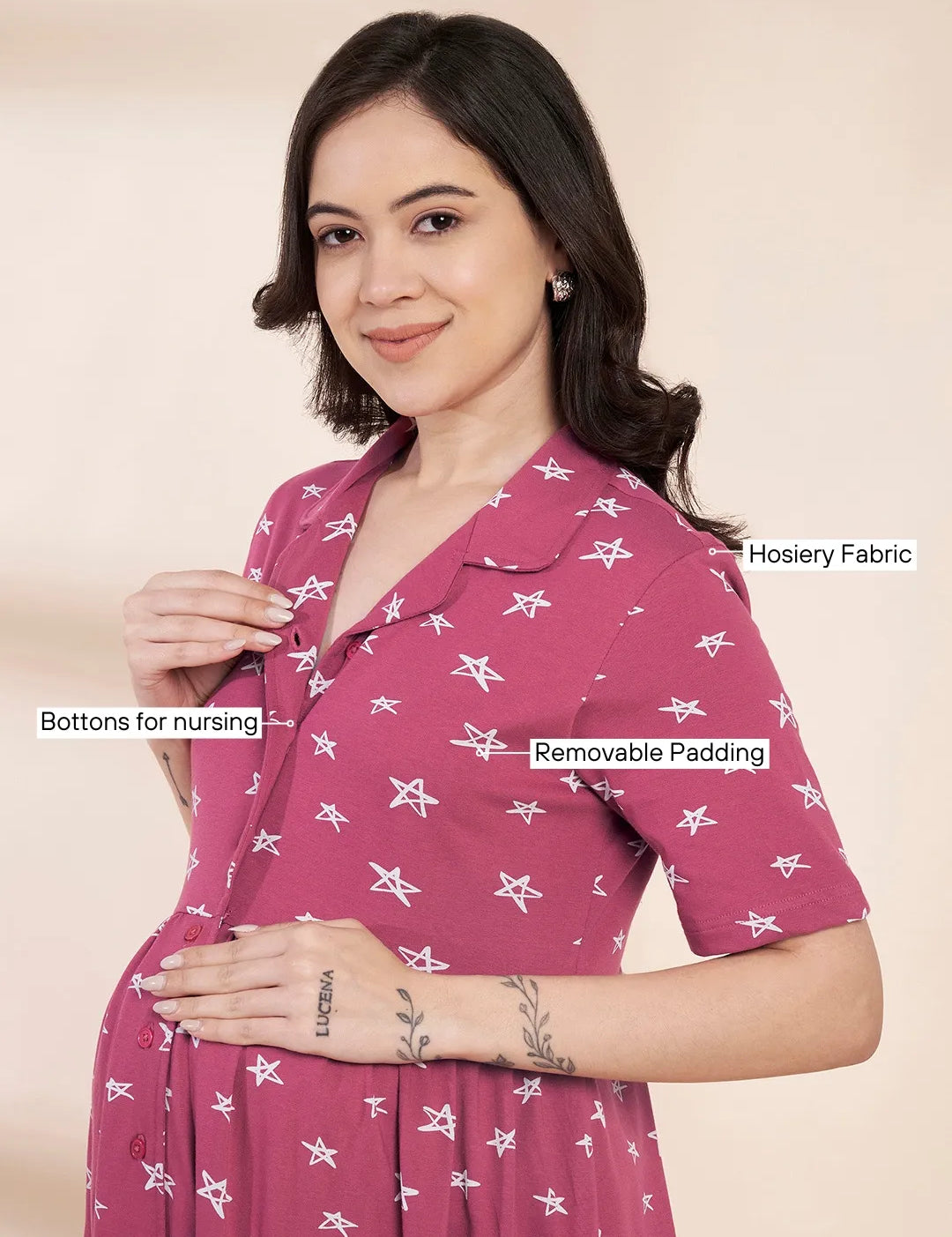 Pink Star Print Hosiery Padded Maternity Nighty