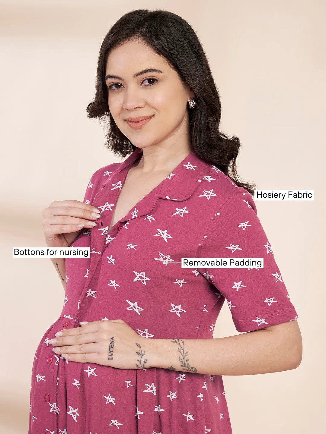 Pink Star Print Hosiery Padded Maternity Nighty