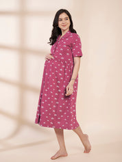 Pink Star Print Hosiery Padded Maternity Nighty