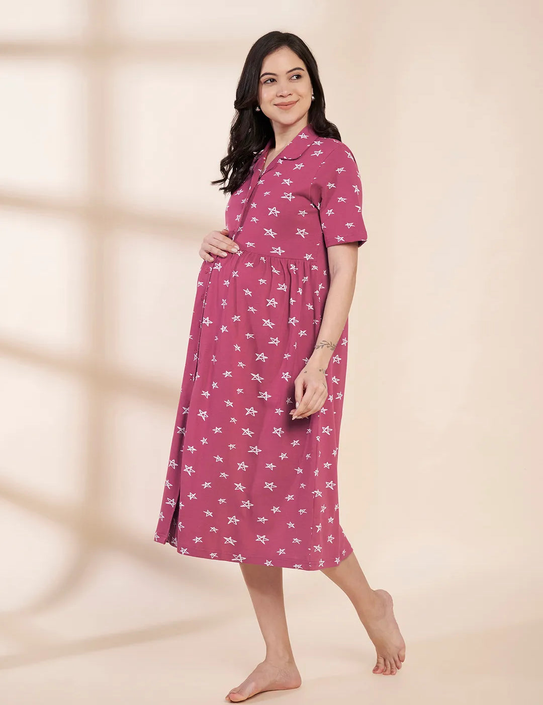 Pink Star Print Hosiery Padded Maternity Nighty