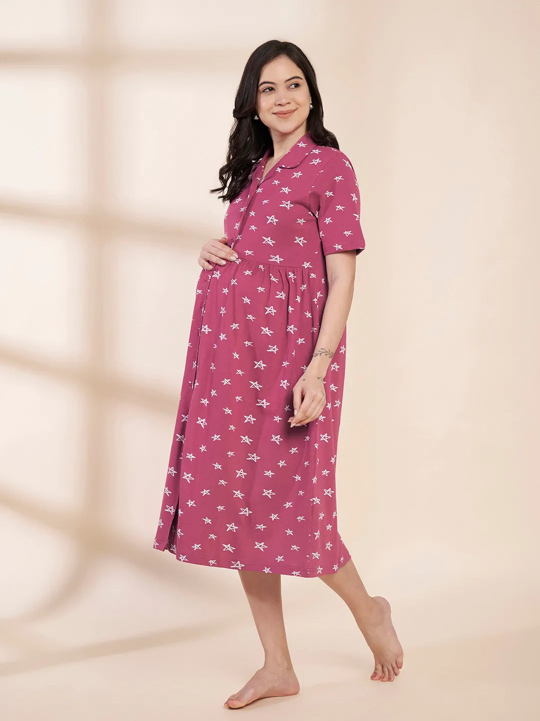 Pink Star Print Hosiery Padded Maternity Nighty