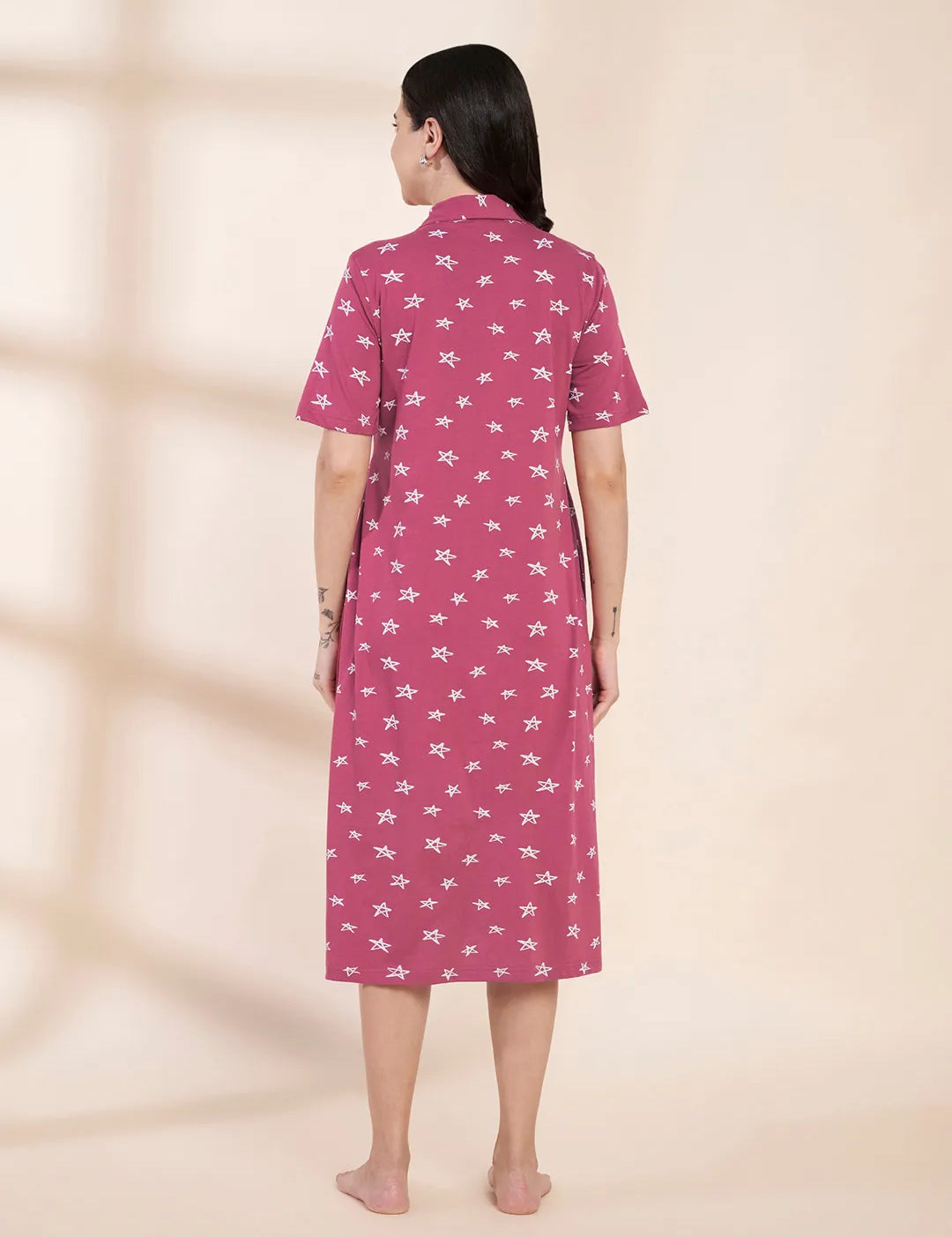 Pink Star Print Hosiery Padded Maternity Nighty