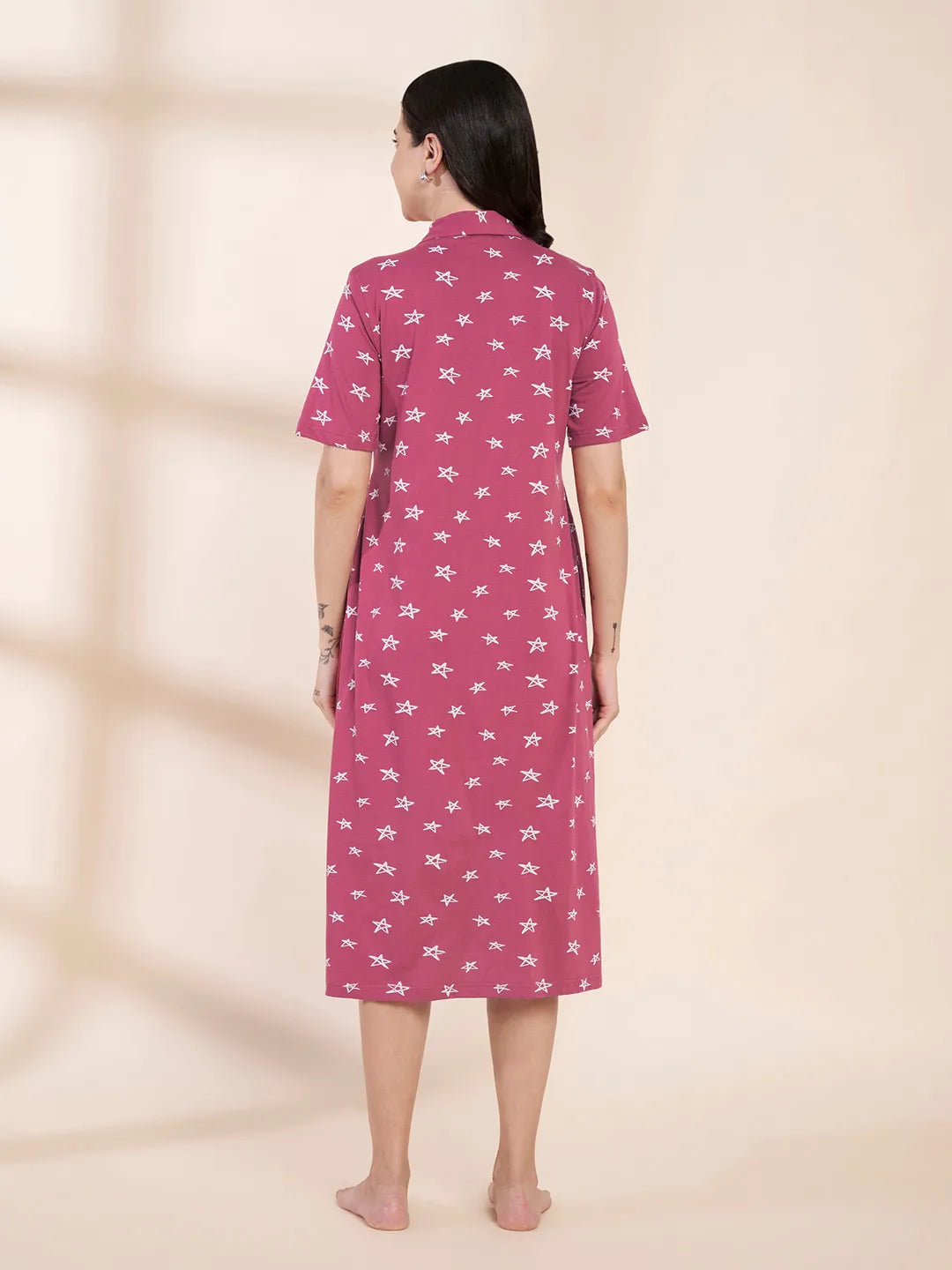 Pink Star Print Hosiery Padded Maternity Nighty