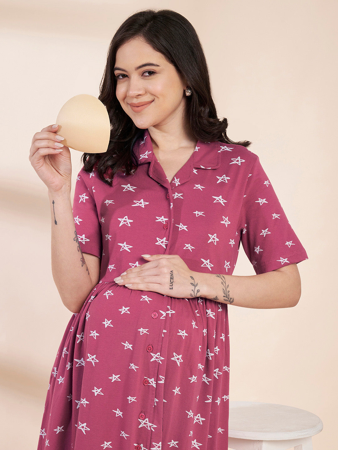 Pink Star Print Hosiery Padded Maternity Nighty