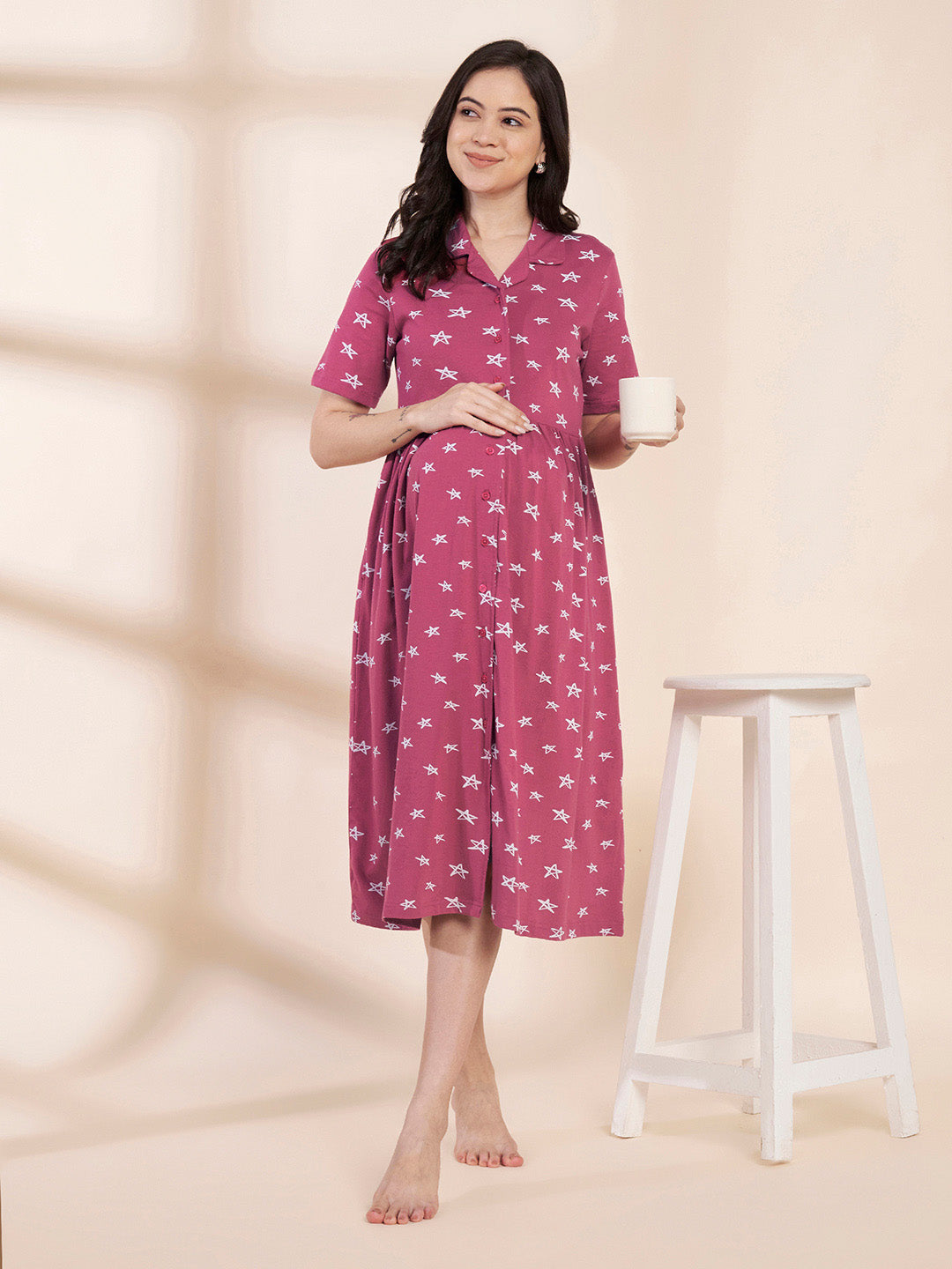 Pink Star Print Hosiery Padded Maternity Nighty