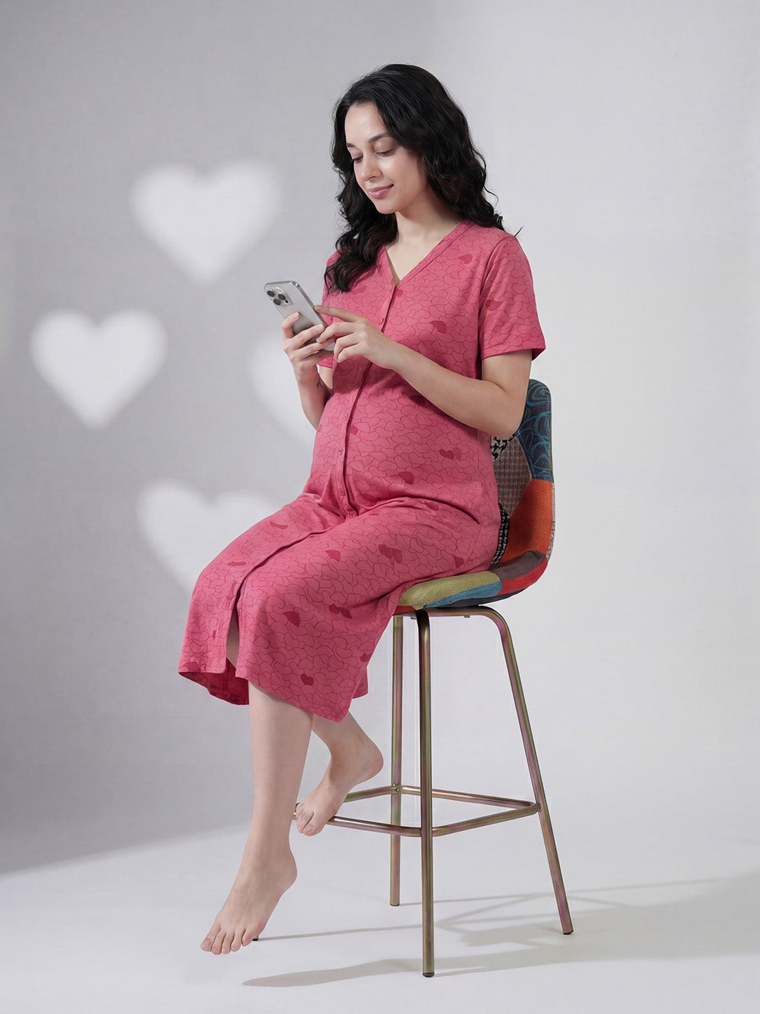 Pink Heart Hosiery Zipless Maternity Nighty