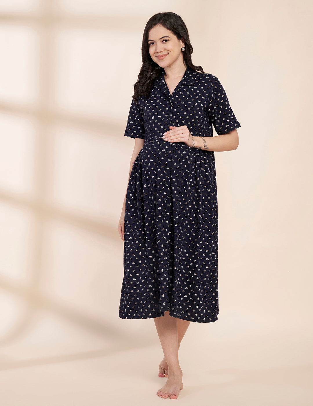 Navy Blue Printed Hosiery Padded Maternity Nighty