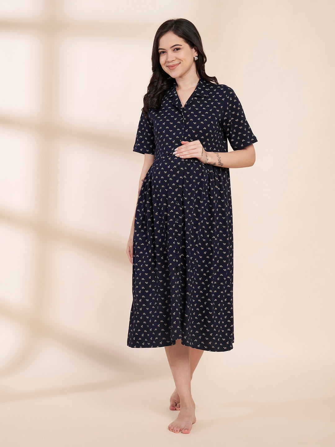Navy Blue Printed Hosiery Padded Maternity Nighty