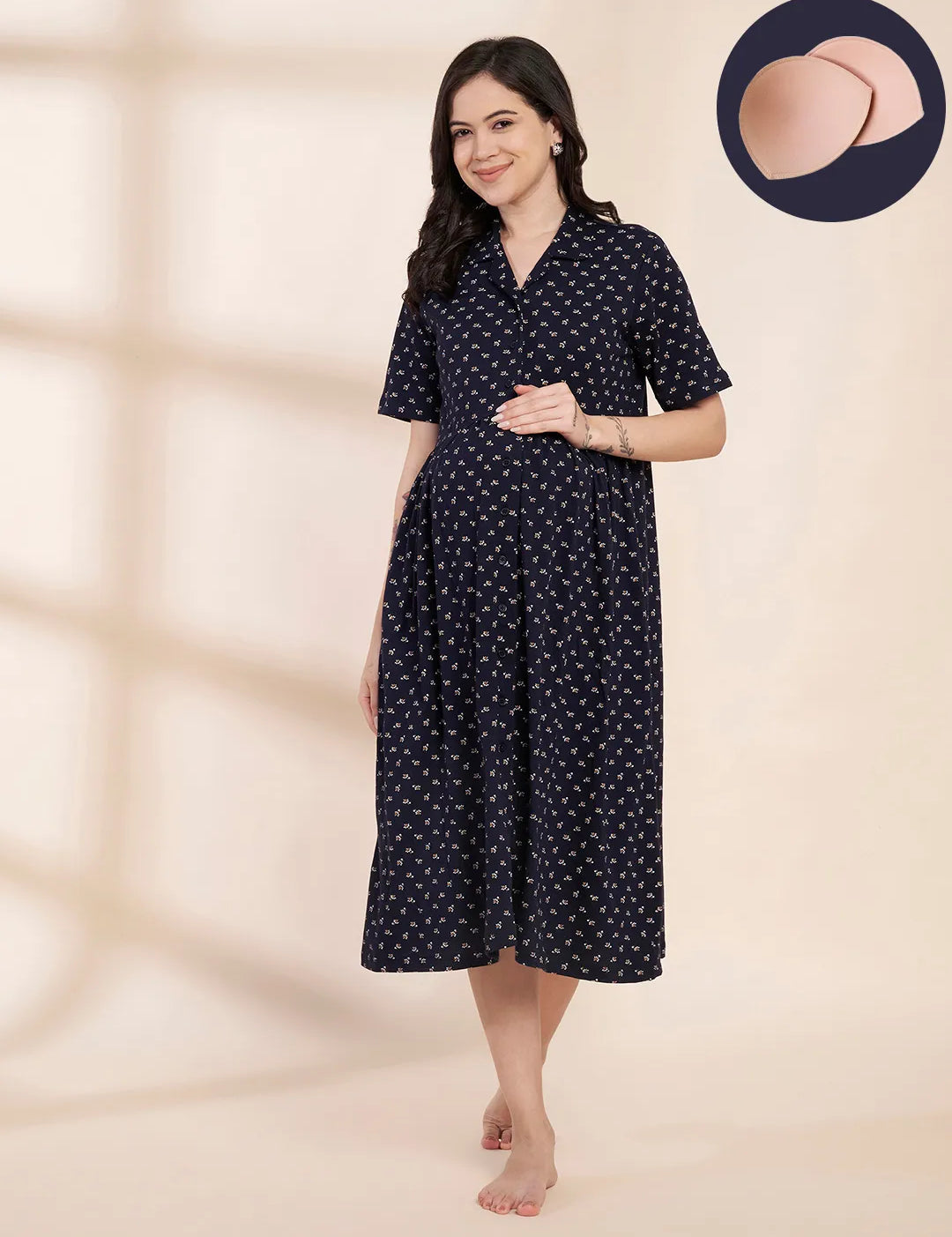 Navy Blue Printed Hosiery Padded Maternity Nighty