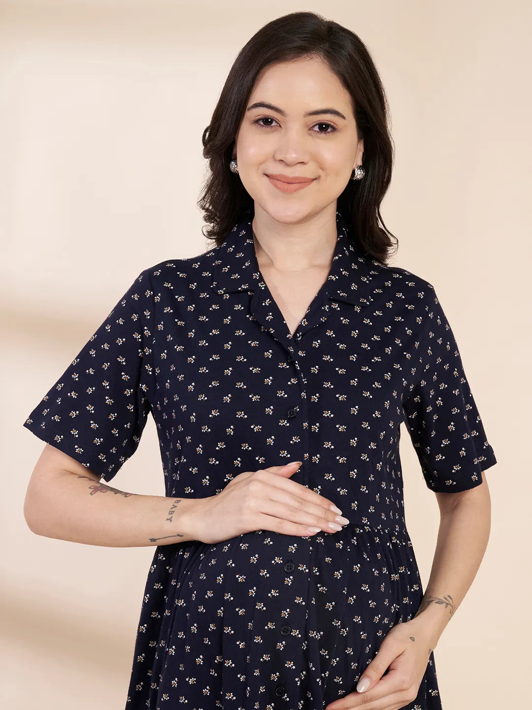 Navy Blue Printed Hosiery Padded Maternity Nighty