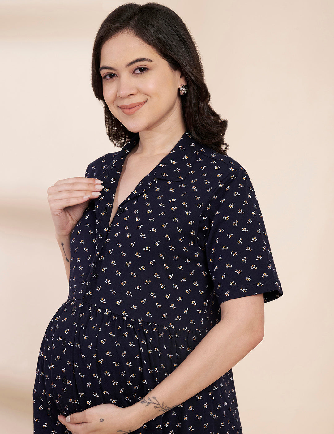Navy Blue Printed Hosiery Padded Maternity Nighty