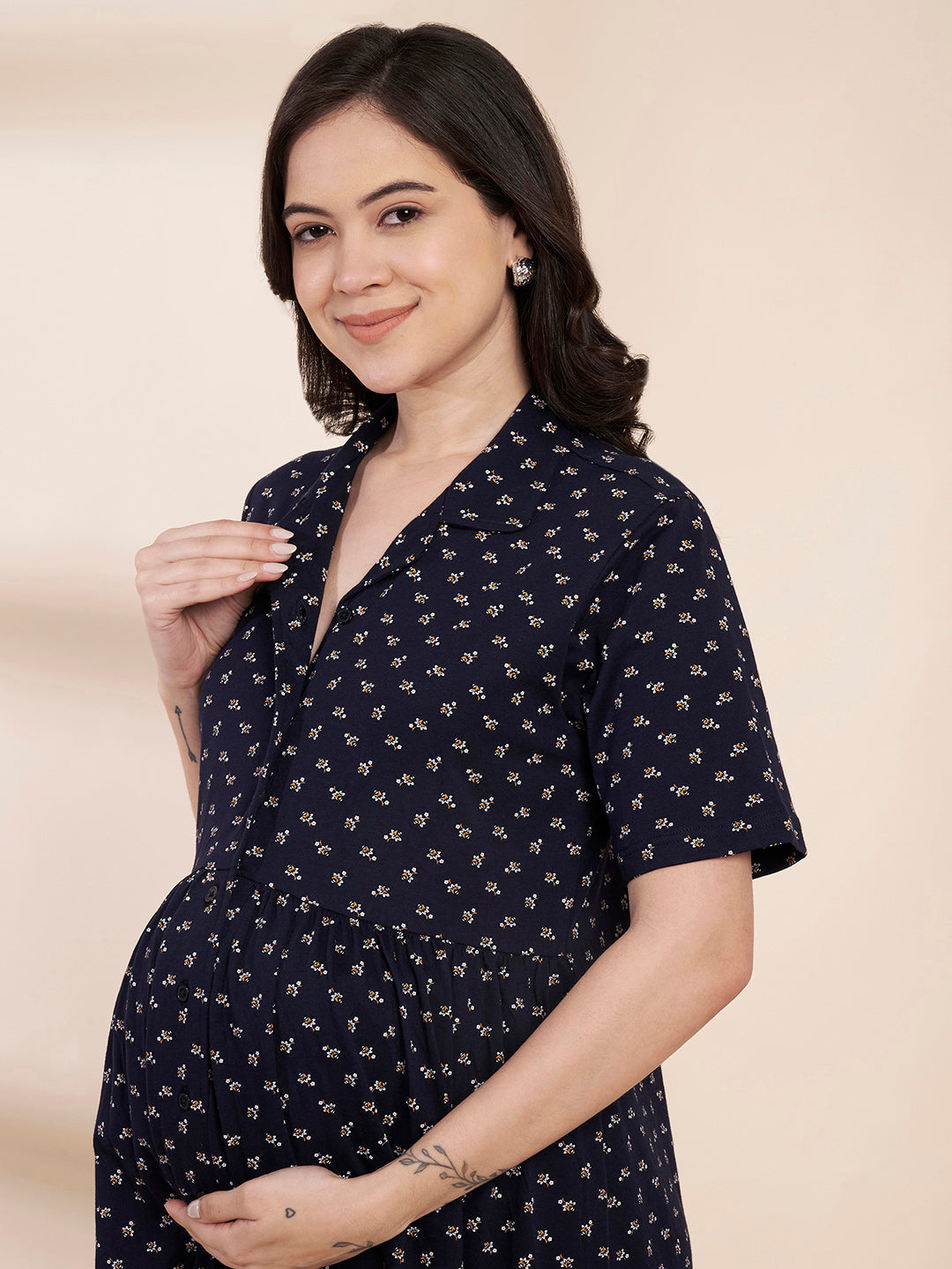 Navy Blue Printed Hosiery Padded Maternity Nighty