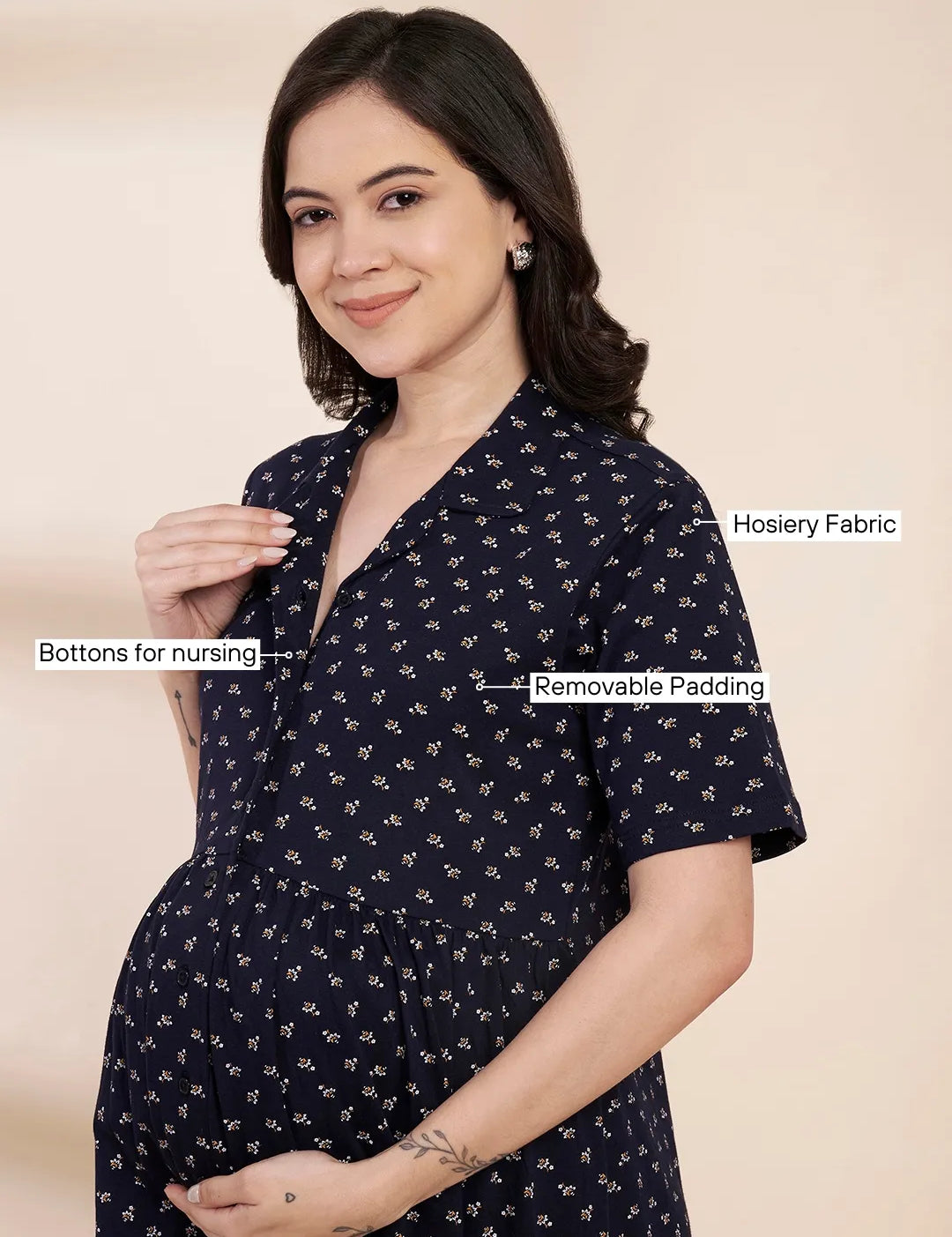 Navy Blue Printed Hosiery Padded Maternity Nighty