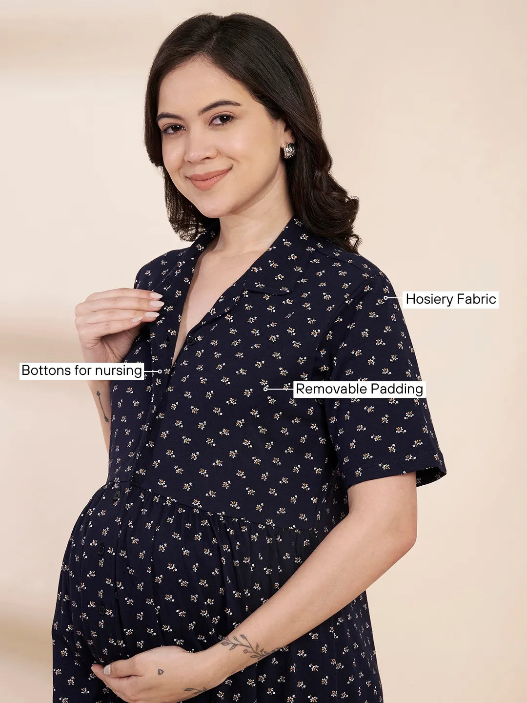 Navy Blue Printed Hosiery Padded Maternity Nighty