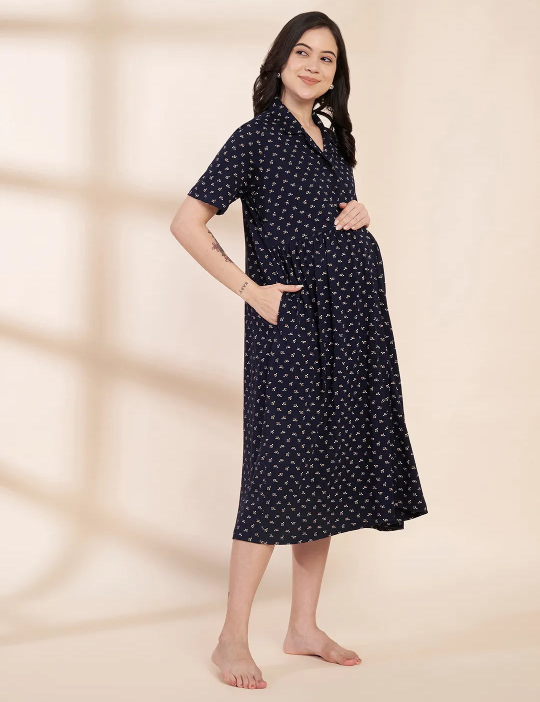 Navy Blue Printed Hosiery Padded Maternity Nighty