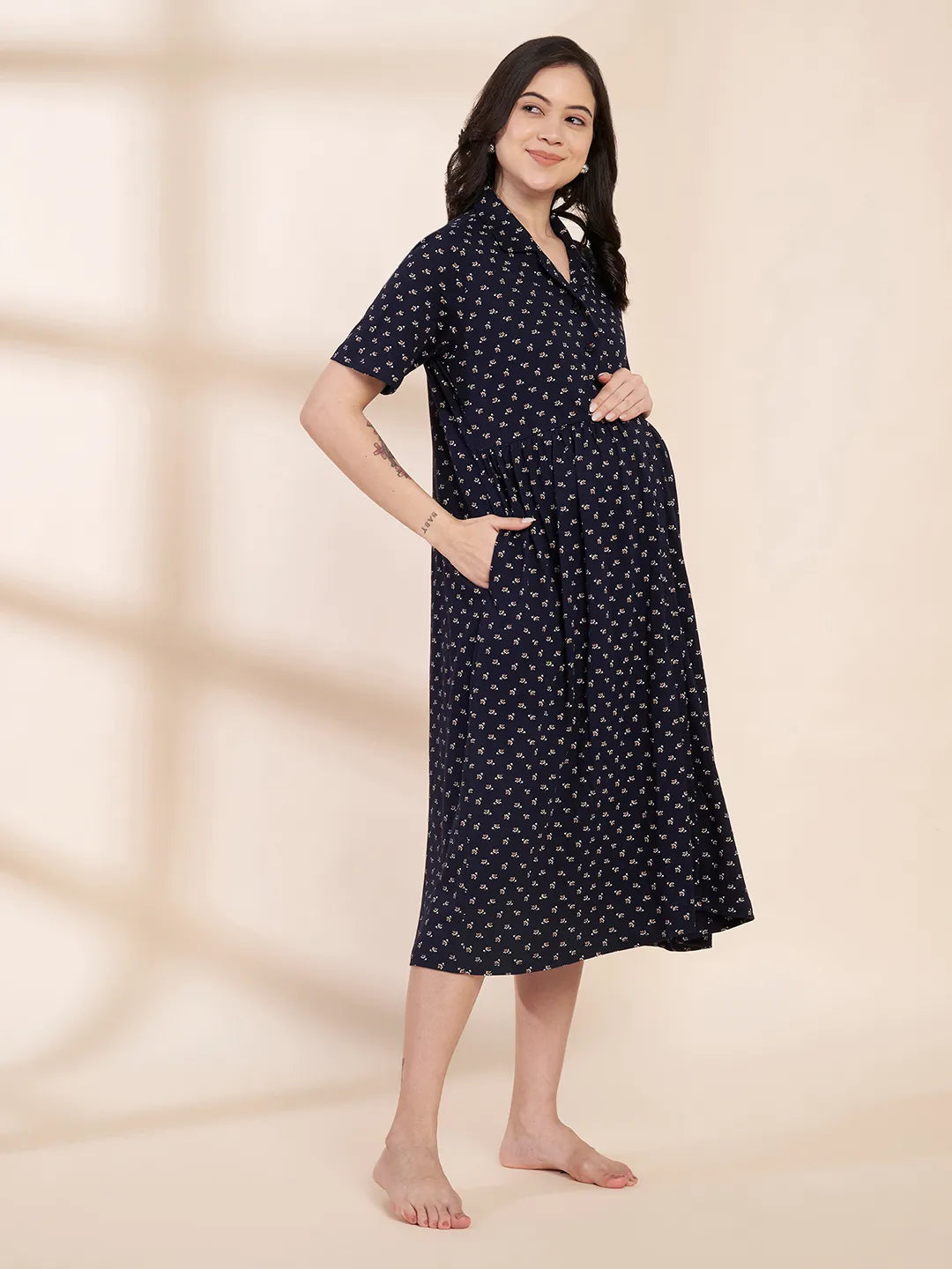 Navy Blue Printed Hosiery Padded Maternity Nighty