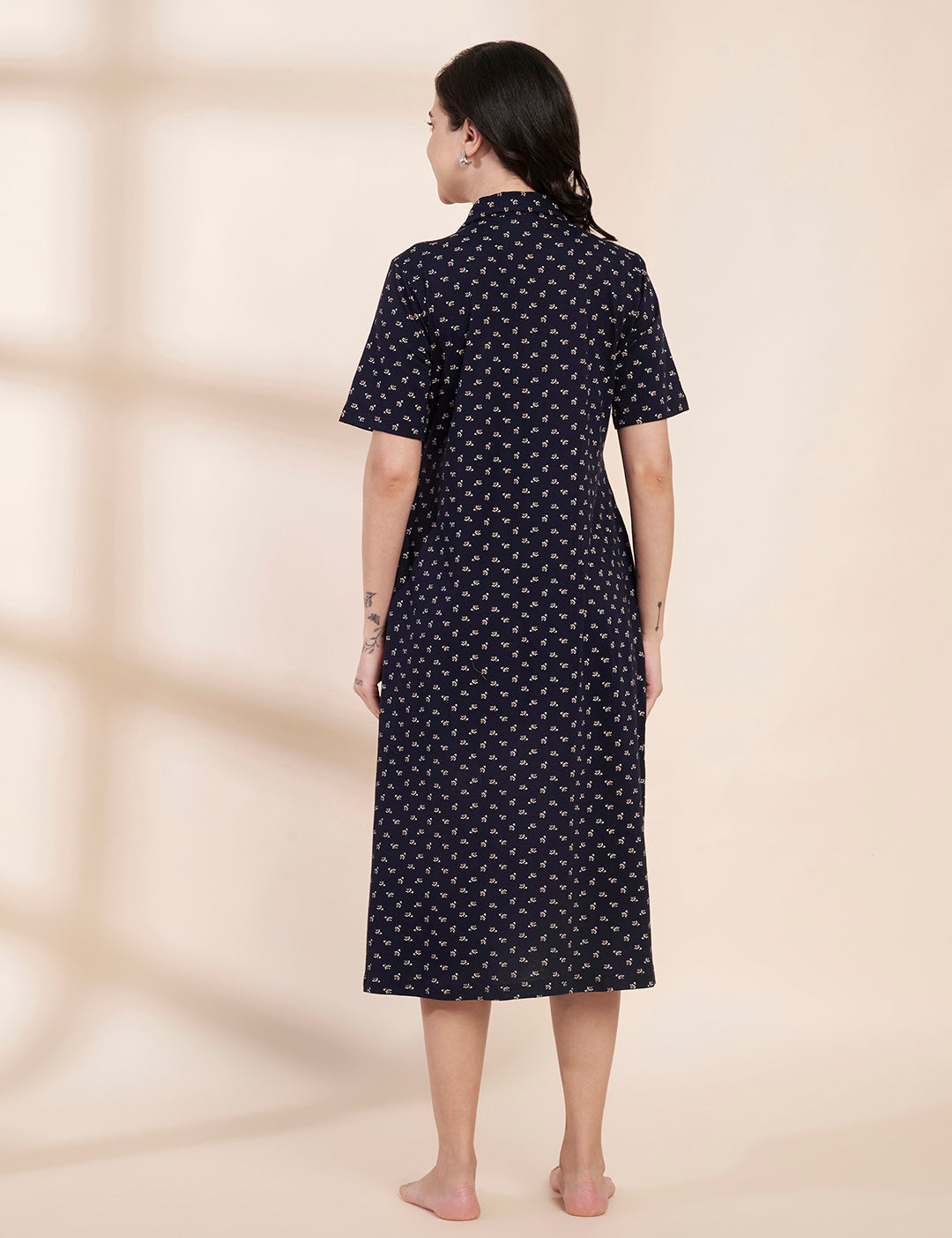 Navy Blue Printed Hosiery Padded Maternity Nighty