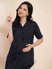 Navy Blue Printed Hosiery Padded Maternity Nighty
