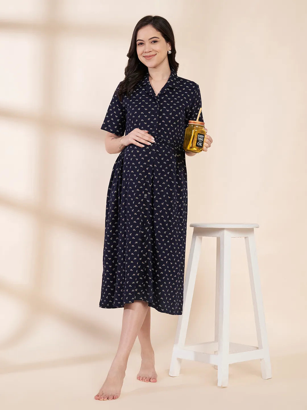Navy Blue Printed Hosiery Padded Maternity Nighty