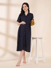 Navy Blue Printed Hosiery Padded Maternity Nighty