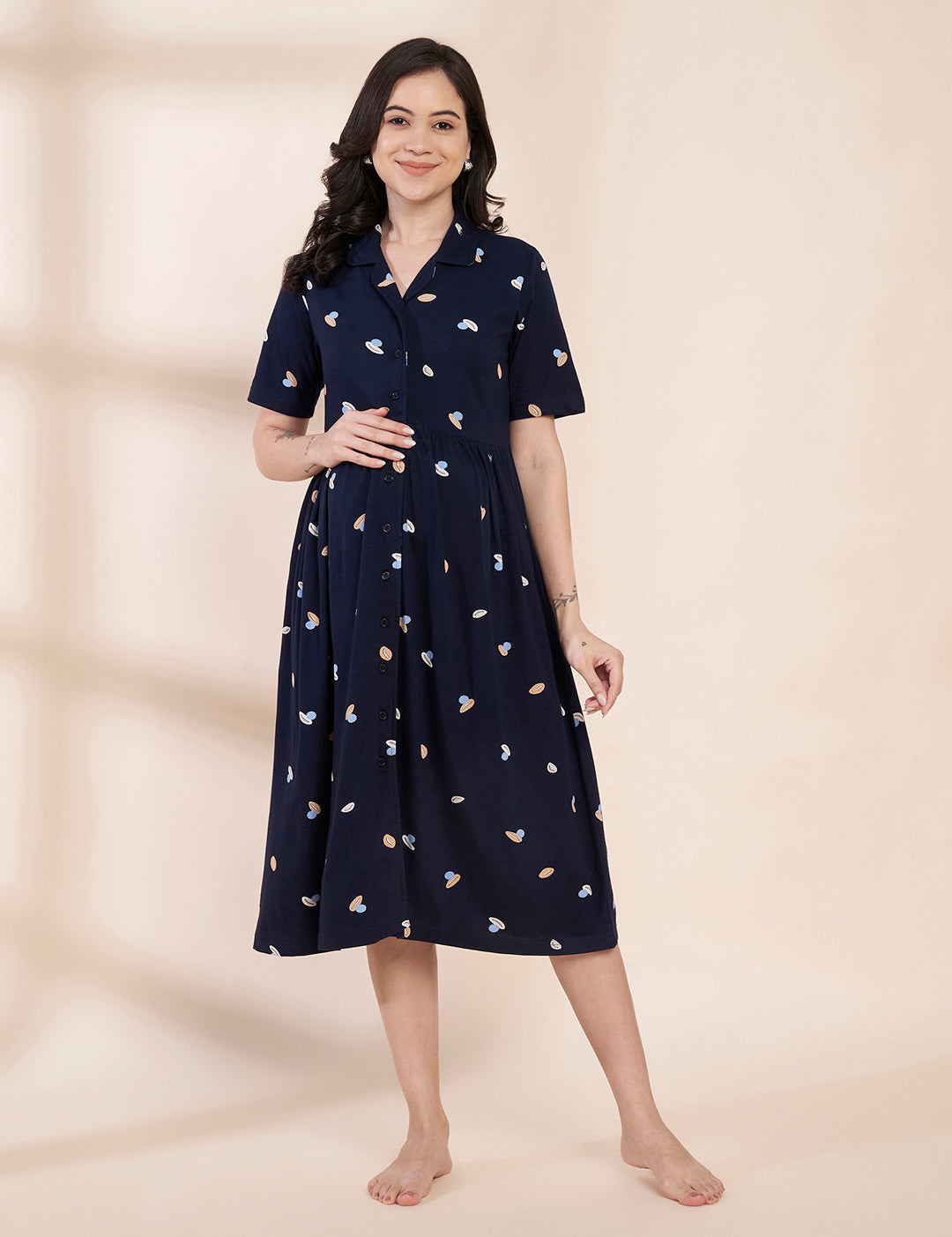 Navy Blue Shell Print Hosiery Padded Maternity Nighty