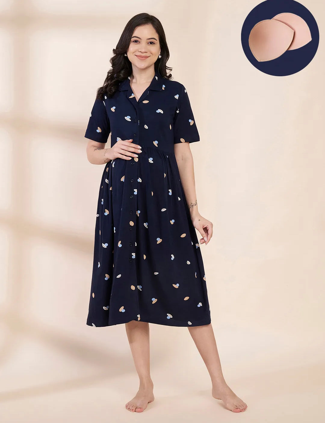 Navy Blue Shell Print Hosiery Padded Maternity Nighty