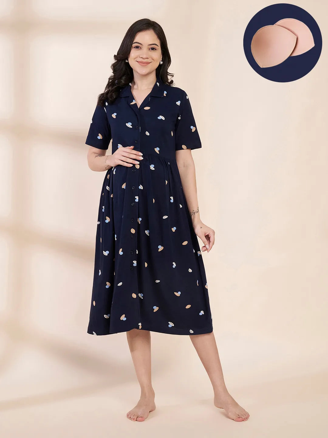 Navy Blue Shell Print Hosiery Padded Maternity Nighty