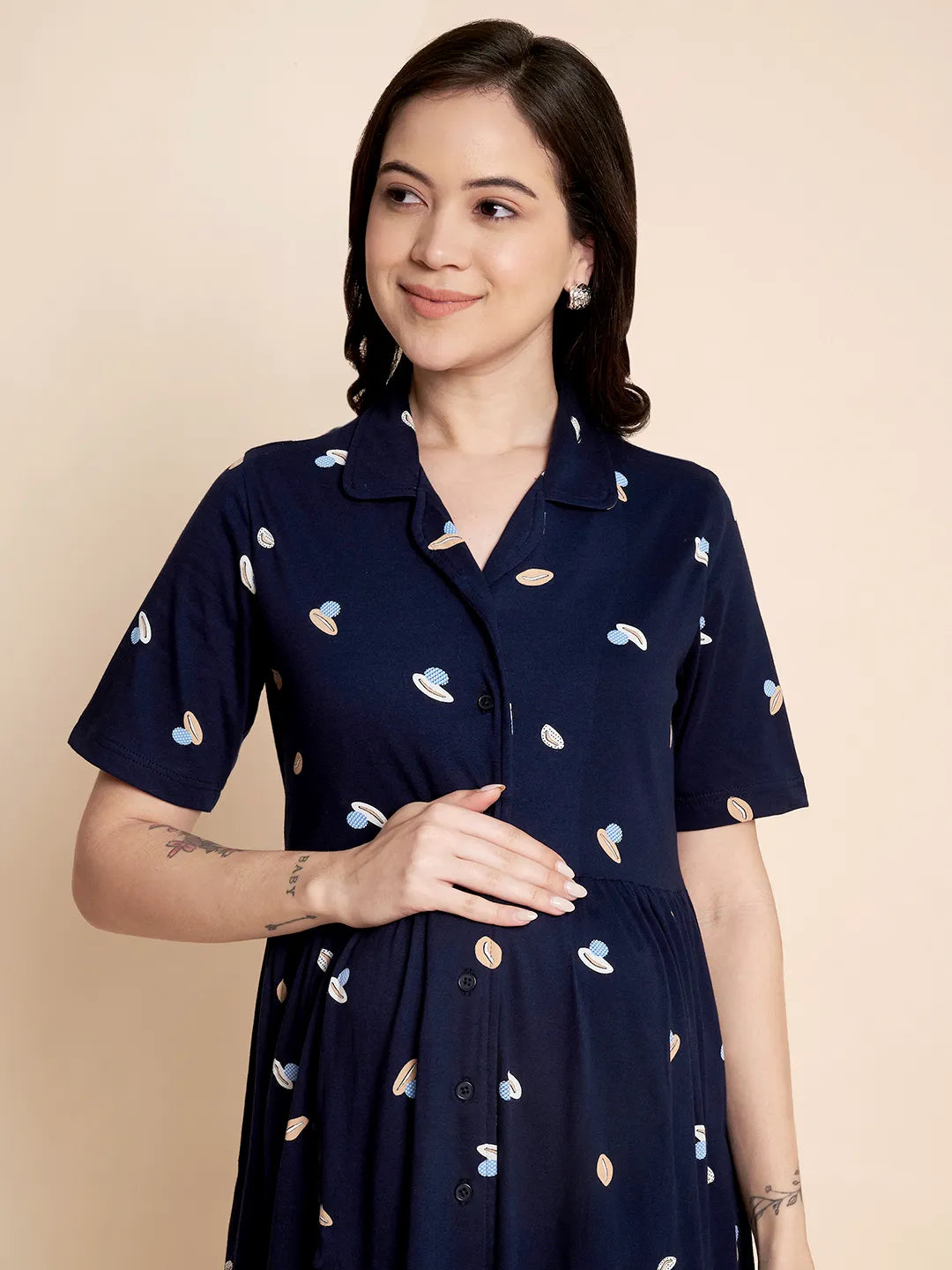 Navy Blue Shell Print Hosiery Padded Maternity Nighty