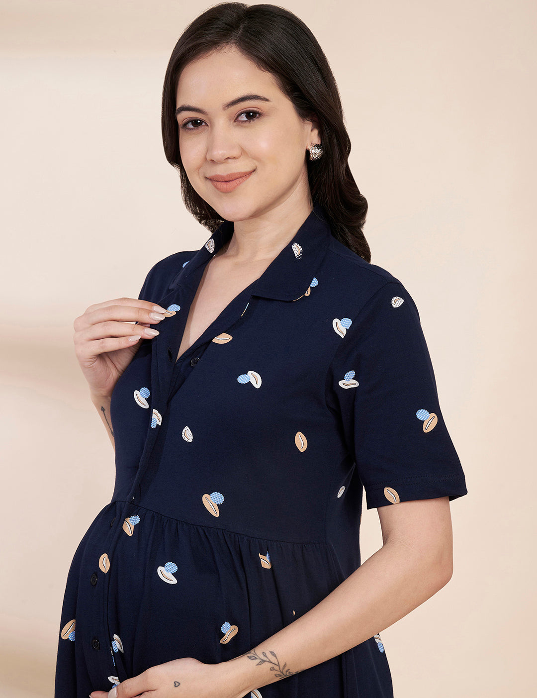 Navy Blue Shell Print Hosiery Padded Maternity Nighty