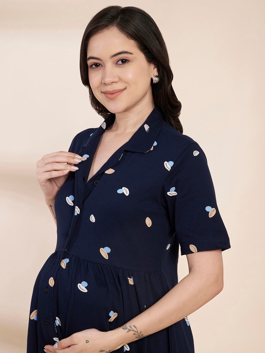 Navy Blue Shell Print Hosiery Padded Maternity Nighty