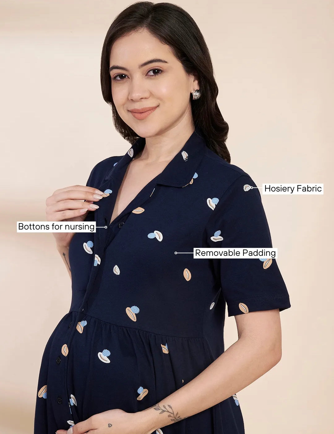 Navy Blue Shell Print Hosiery Padded Maternity Nighty