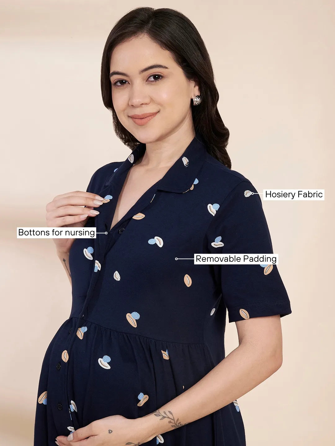 Navy Blue Shell Print Hosiery Padded Maternity Nighty