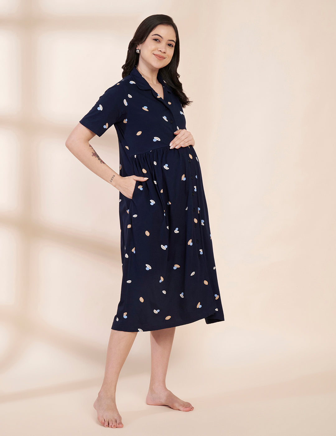 Navy Blue Shell Print Hosiery Padded Maternity Nighty