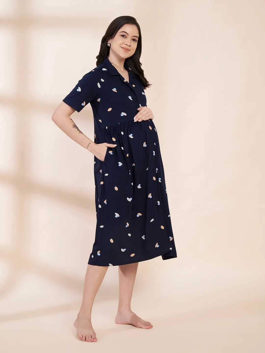 Navy Blue Shell Print Hosiery Padded Maternity Nighty