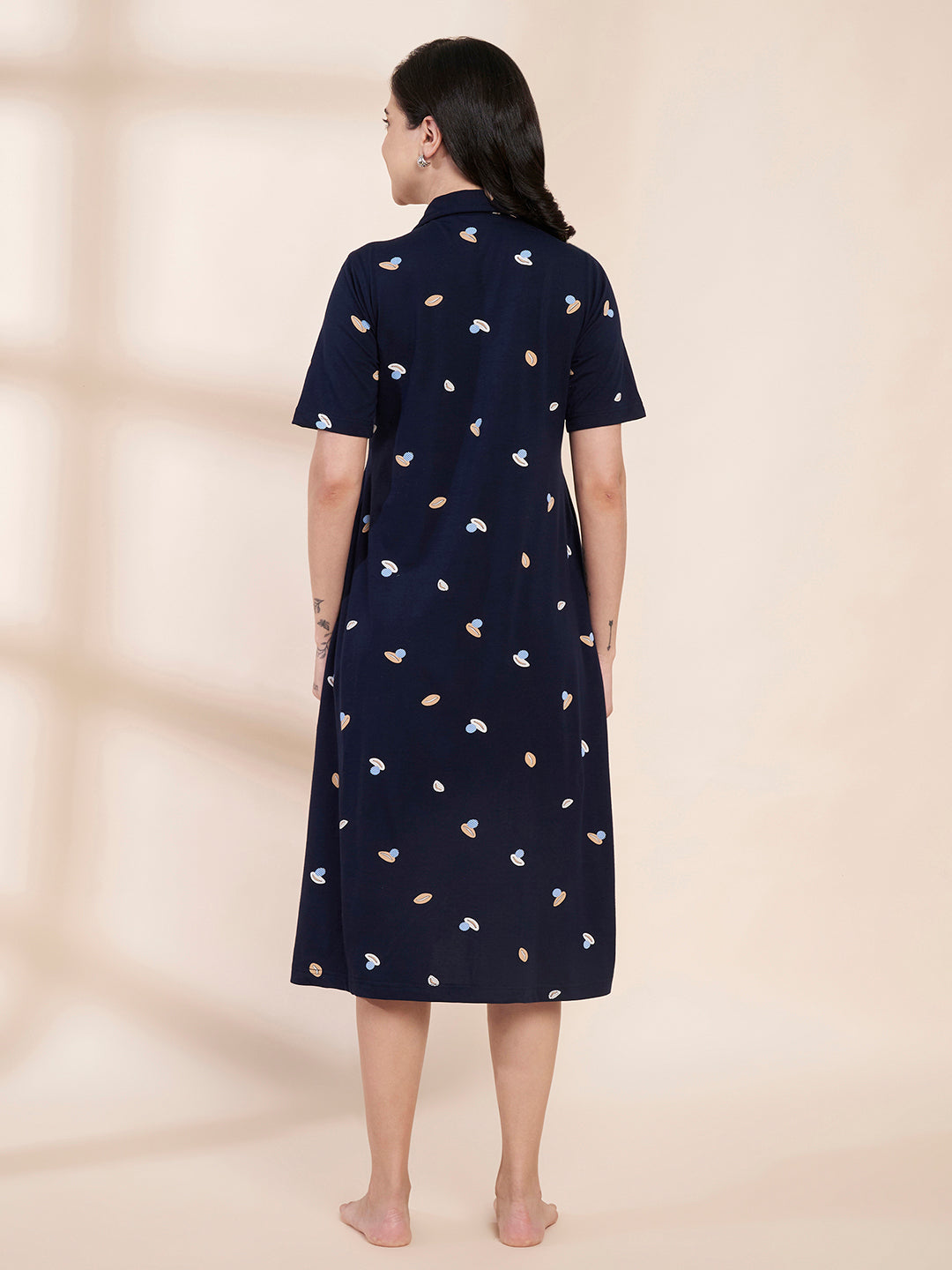 Navy Blue Shell Print Hosiery Padded Maternity Nighty