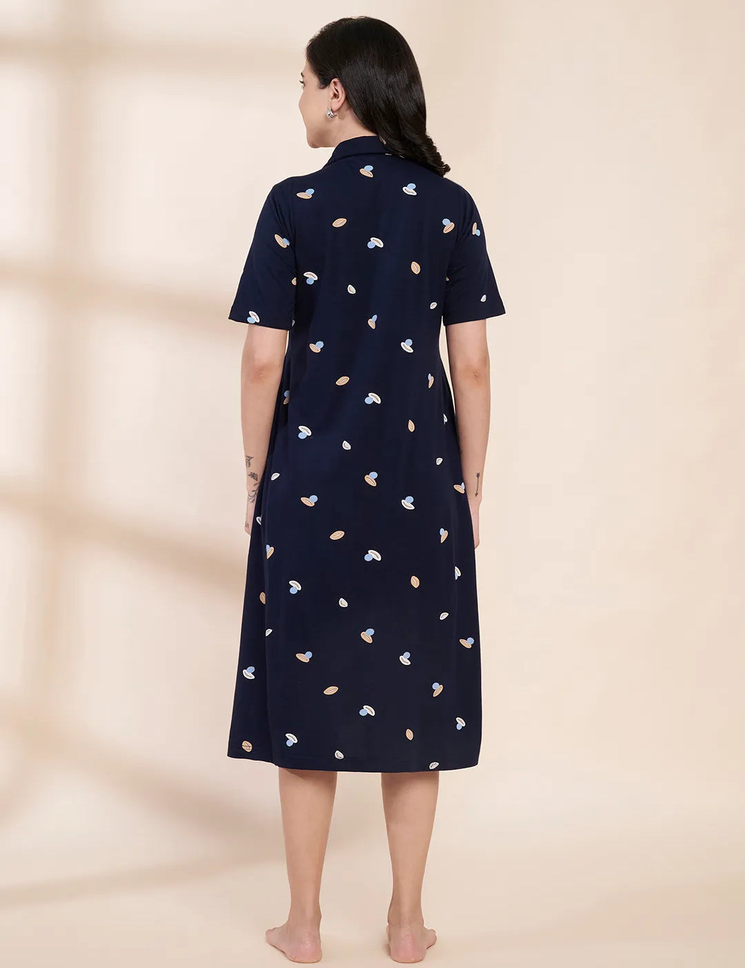 Navy Blue Shell Print Hosiery Padded Maternity Nighty