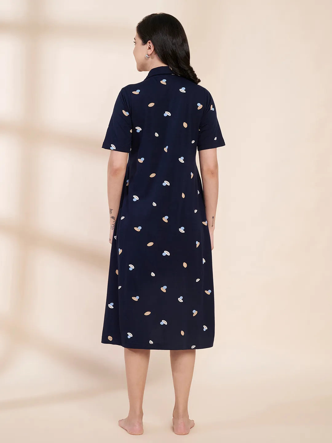 Navy Blue Shell Print Hosiery Padded Maternity Nighty