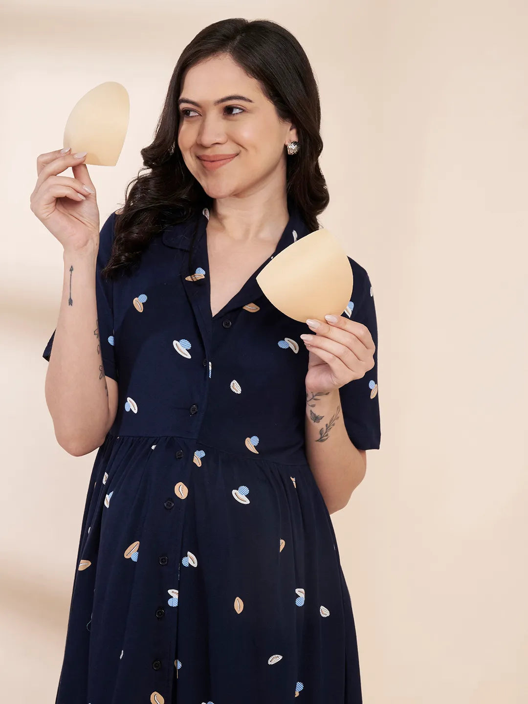 Navy Blue Shell Print Hosiery Padded Maternity Nighty