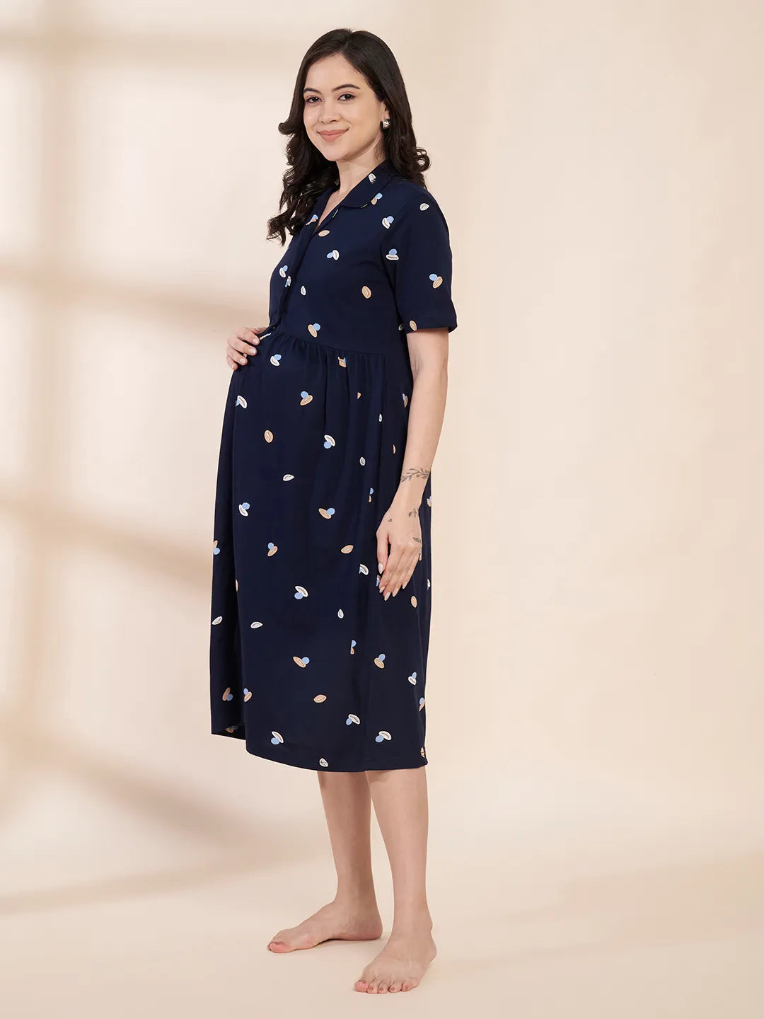 Navy Blue Shell Print Hosiery Padded Maternity Nighty