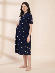 Navy Blue Shell Print Hosiery Padded Maternity Nighty