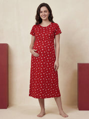 Red Floral Hosiery Maternity Nighty