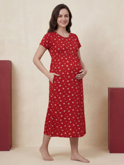 Red Floral Hosiery Maternity Nighty