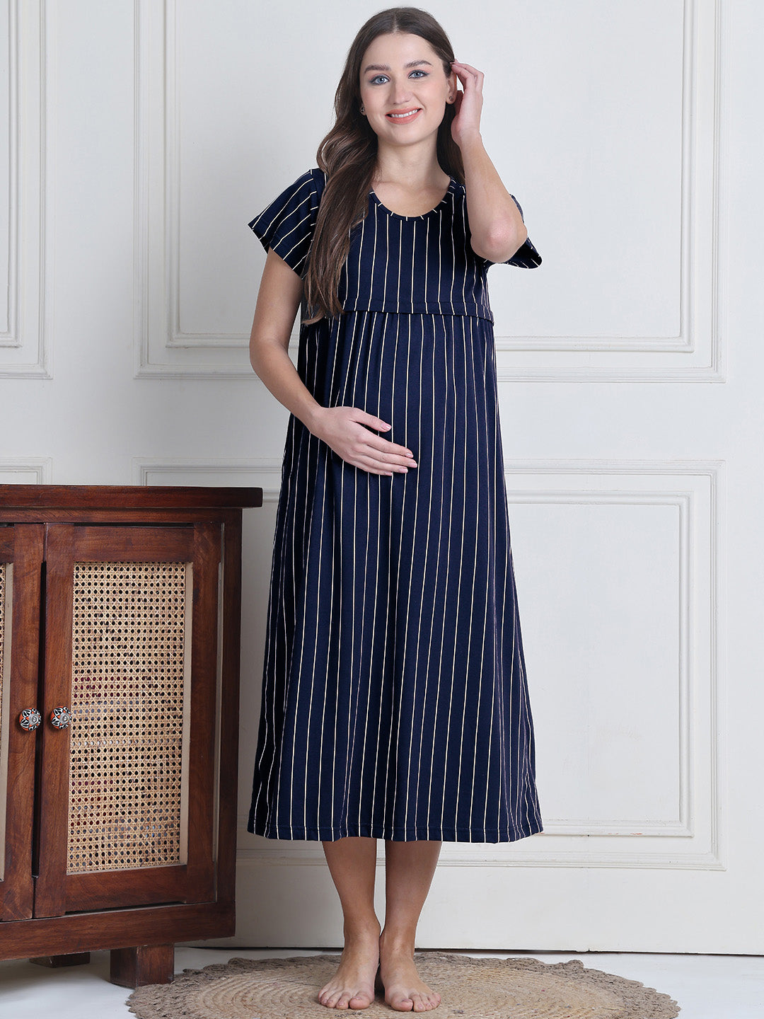 Navy Blue Striped Hosiery Maternity Nighty