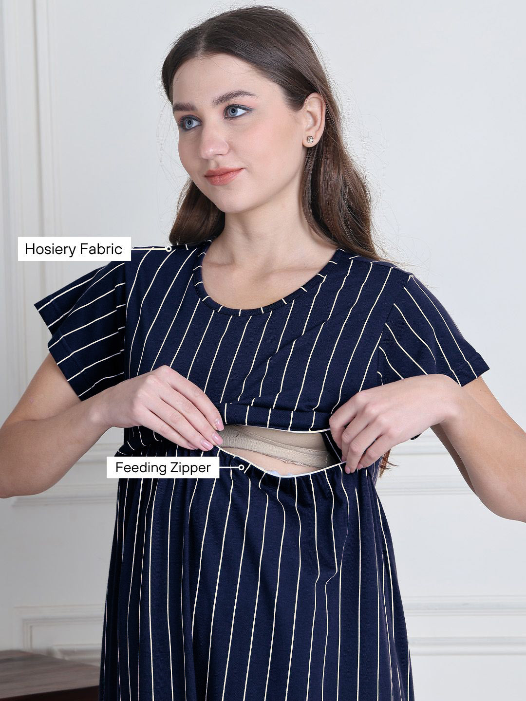 Navy Blue Striped Hosiery Maternity Nighty