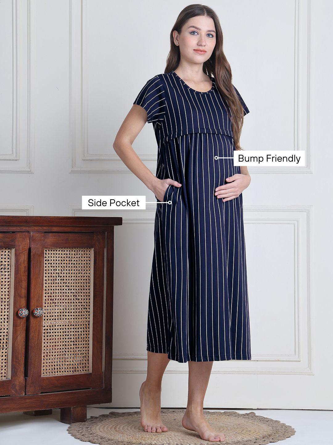 Navy Blue Striped Hosiery Maternity Nighty