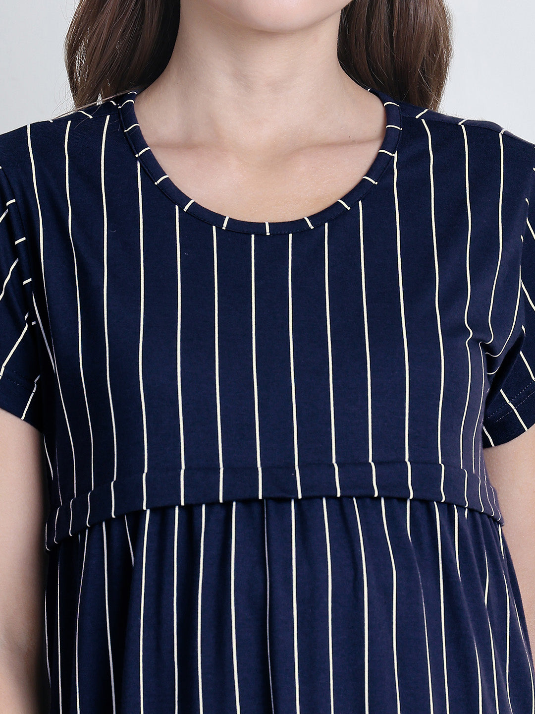 Navy Blue Striped Hosiery Maternity Nighty