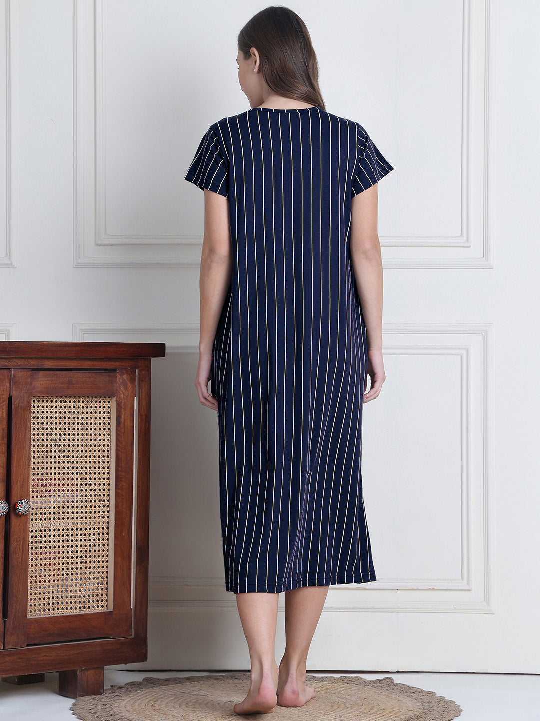 Navy Blue Striped Hosiery Maternity Nighty