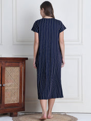 Navy Blue Striped Hosiery Maternity Nighty
