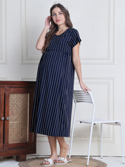 Navy Blue Striped Hosiery Maternity Nighty